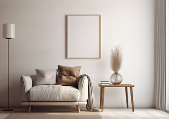 A serene and well-lit interior scene with a large blank picture frame centered on a wall