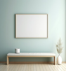 Fototapeta na wymiar Minimalistic composition of sitting room interior with white mock up frame, wooden shelf, retro chair, rattan basket and elegant accessories. Design home decor. Template. Eucalyptus color concept.