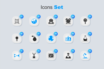 Set Graduate and graduation cap, Pear, Pie chart infographic, Molecule, Table lamp, Test tube, Abacus and Earth globe icon. Vector
