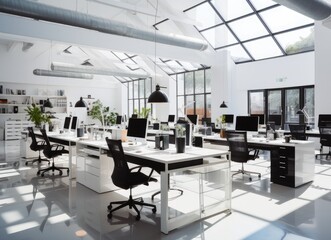Modern workspace with blackboard calendar, desk, chairs and computers. Created with Generative AI technology.