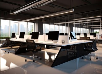 Modern workspace with blackboard calendar, desk, chairs and computers. Created with Generative AI technology.
