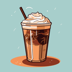 Vector drawing of a cup of iced coffee on a light blue background