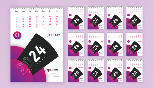 Monthly calendar template design for 2024 year. Week Starts on Sunday. Wall calendar in a minimalist and creative style.