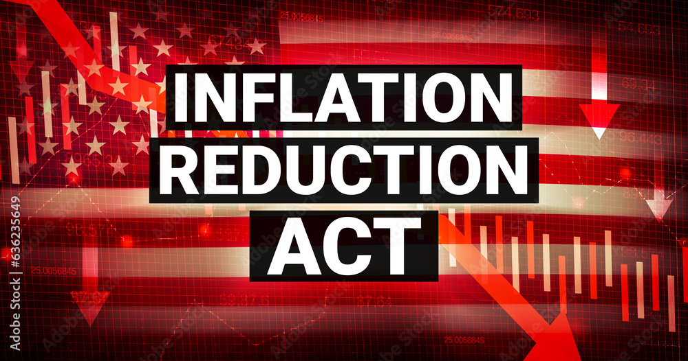 Poster inflation reduction act background design with an american flag and arrow going down along with typo