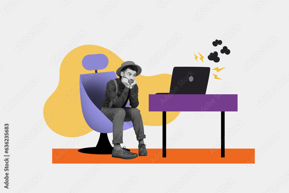 Aufkleber collage picture of black white colors unsatisfied moody guy sit chair thunderstorm clouds lightning 