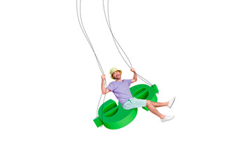 Poster 3d photo minimalistic collage of funky happy guy swings earn money isolated on white color background