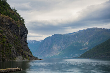 Aurlandsfjord fjord amazing landscape, Norway Scandinavia. National tourist route Aurlandsfjellet in Norwegian tourist destination Flam village.