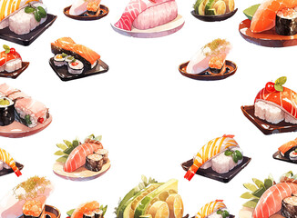 Cartoon sushi pattern background with copy space. Sushi food background. Generative AI