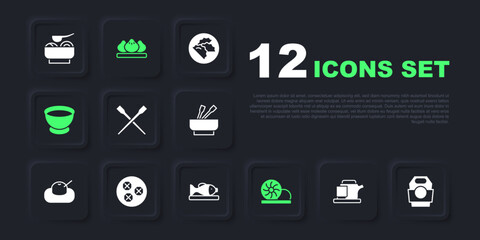 Set Traditional tea ceremony, Asian noodles in paper box, Food chopsticks, Xiao long bao, Soy sauce bowl, Wonton, Dumpling and Served fish plate icon. Vector