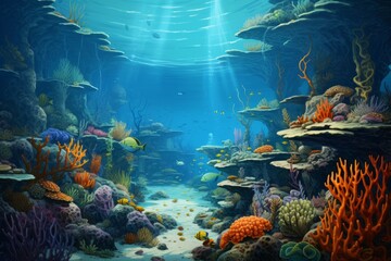 Fototapeta na wymiar serene underwater scene with stones, seaweeds, fishes, Generative AI