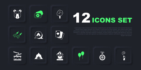 Set Unicycle, Birthday party horn, Circus tent, Balloons with ribbon, Dart arrow, ticket and Attraction carousel icon. Vector © Iryna