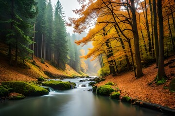 autumn in the forest.Beautiful colored trees with lake in autumn. A blooming garden by the lake with a gazebo. 
landscape photography
