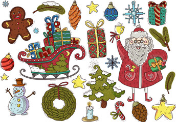 New Year's set. Christmas elements. Holiday, postcard, santa claus, snowman, snowflake, gift, doodle, isolated, simple, funny, christmas tree, magic.