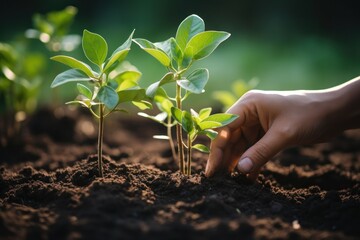 Planting trees for green sustainable future, Person holding a plant in the dirt. Generative AI. 