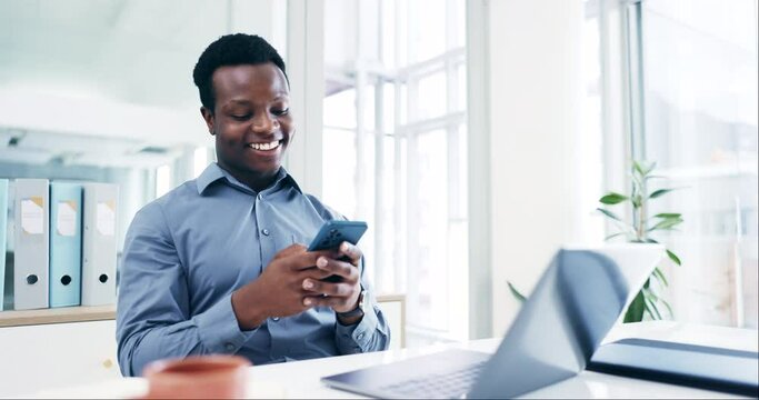 Search, smile and business with black man and phone in office for communication, social media and networking. News, contact and consulting with employee in agency for manager, mobile app and online