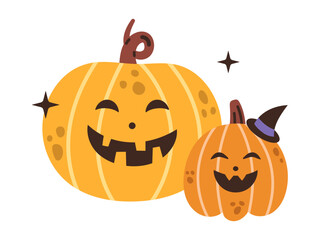 Vector halloween illustration with pumpkins. Trick or treat. Illustration with orange and yellow pumpkins. Jack o lantern. Fall vegetables in flat design. Halloween smiling pumpkins with stars.