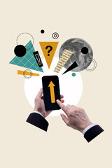 Vertical collage of black white effect arms use smart phone arrow pointer display search...
