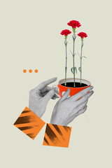 Vertical composite artwork photo collage of arms holding cup of drink with carnation flowers...
