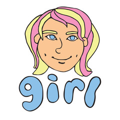 Hand drawn girl head, face kid in cartoon doodle flat style. Vector color cute illustration, clipart. Children are different and beautiful