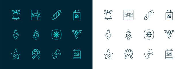 Set line Christmas shopping bag, wreath, Snowflake, mittens, tree, Candy, ringing bell and Gift box icon. Vector