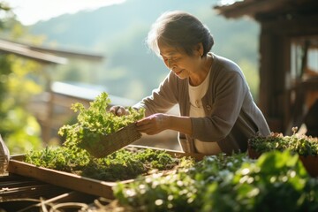 Elder korean woman cultivating in farm with morning light