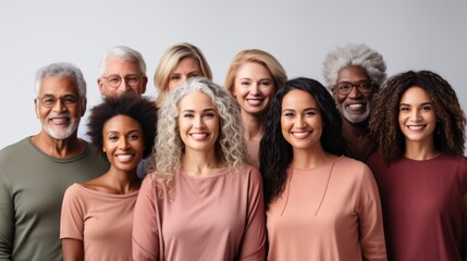 Multiethnic group of smiling senior and mid adult people looking at camera isolated on grey.