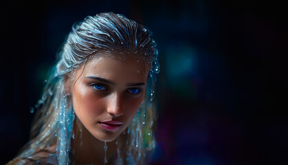 A Cinematic and Dreamy Fantasy Portrait of a Blue-Eyed Woman with Wet Blue Hair