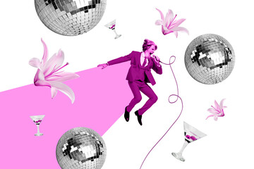 Photo 3d disco ball collage decoration jumping pensioner gentleman karaoke microphone party...