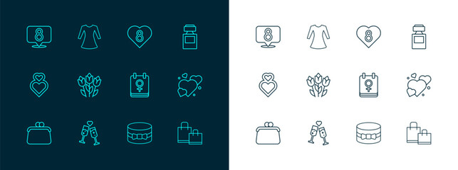 Set line Perfume, Glass of champagne, Calendar with 8 March, Gift box and heart, Flower tulip, Heart, and Woman dress icon. Vector