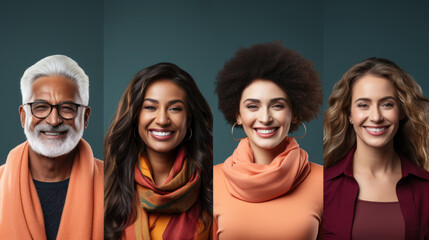 Collage of smiling multiethnic people wearing scarves over dark background.
