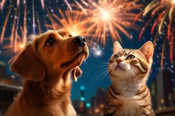 A dog and a cat watch the fireworks together. Merry christmas and happy new year concept