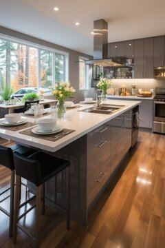 Contemporary open-concept kitchen in gray with minimalist cabinets and corian countertops and wood flooring.