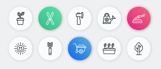 Set line Wheelbarrow, Garden hose, Sun, Plant in pot, Watering can, Wooden axe, Tree and pitchfork icon. Vector