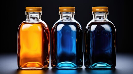 Set of Plastic Bottles with colored transparent drinks created with Generative AI technology