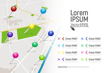 Location icons on the map. Road infographic with colorful pin pointers. Concept of route, landmark, adventure, explore. Vector illustration.