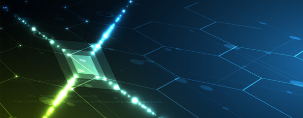 Technology banner design with hexagons abstract background.