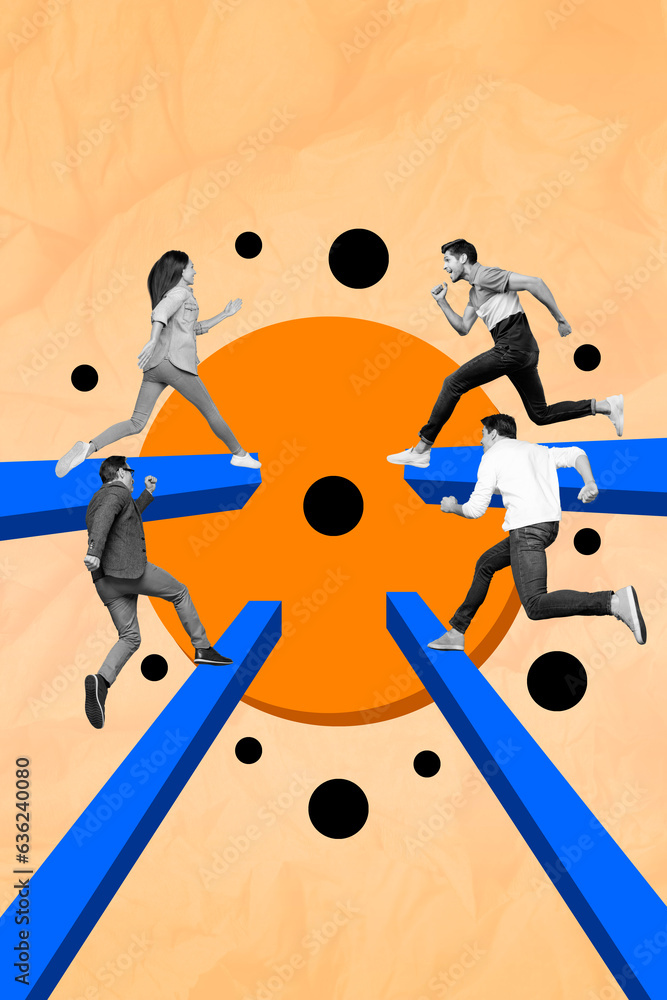 Poster collage pinup pop image of excited purposeful people running achieving target first isolated paintin