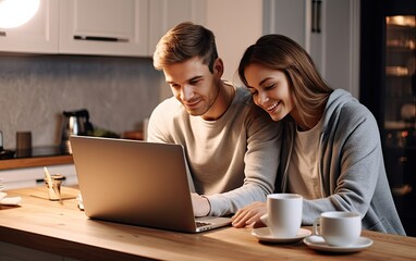 Pleasant family couple sitting looking at laptop screen. Happy young spouse web surfing, making purchases online or booking flight tickets. Created with Generative AI technology. - obrazy, fototapety, plakaty