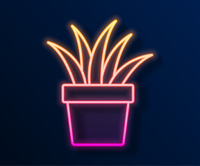Glowing neon line Plant in pot icon isolated on black background. Plant growing in a pot. Potted plant sign. Vector