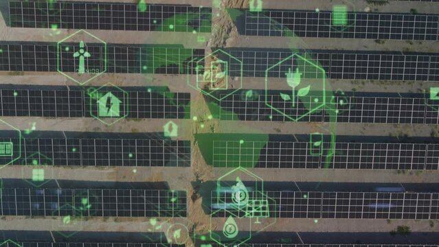 Solar power plant and technology concept. Renewable energy. Smart grid. High quality 4k footage