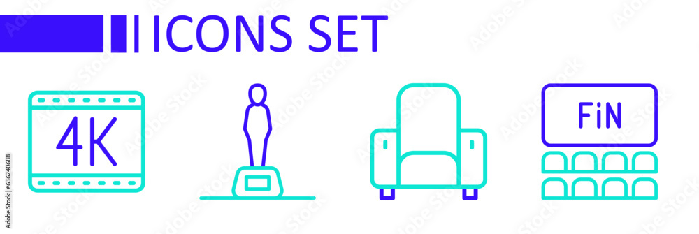 Poster Set line Cinema auditorium with screen, chair, Movie trophy and 4k movie icon. Vector