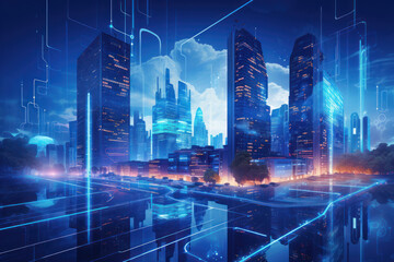 Obraz premium 5G. global media link connecting on night city background, digital, internet, communication, networking, smart city, business, partnership, network connection and technology concept, Generative AI