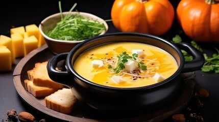 Hot dinner dish for Halloween party background. Spooky scary fun creative Halloween food for kids for celebration concept. AI photography, close up view..