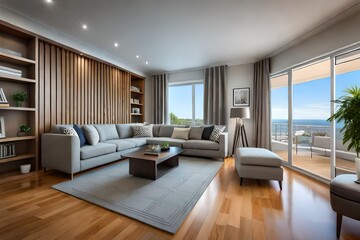 Luxury Living Room in Open Concept New Luxury Home with View of outside having wooden wall design .