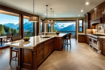 Mountain luxury home with wood kitchen and granite countertop showing American culture.