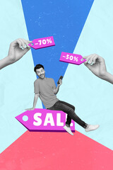 Picture sketch collage image of happy smiling guy inline shopping modern device isolated teal color...