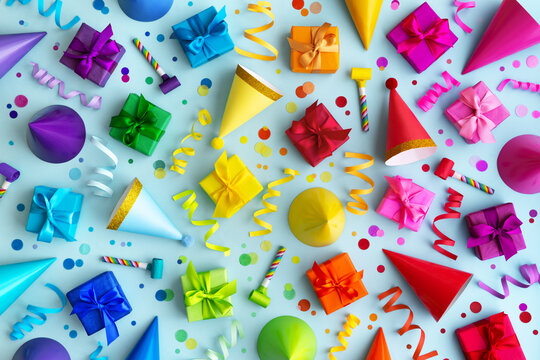 Background collection of colorful birthday party objects