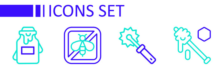 Set line Honey dipper stick, Cutter roll for honey, Stop bee and Jar of icon. Vector