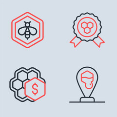 Set line Honey award, Sale of honeycomb, Honeycomb bee location and Bee and icon. Vector