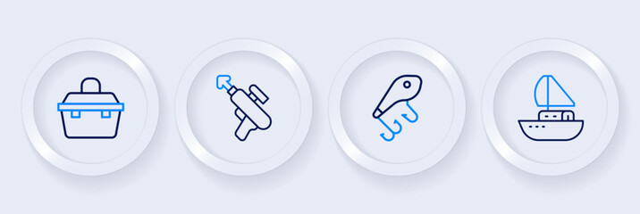 Set line Yacht sailboat, Fishing lure, harpoon and Case or box for fishing equipment icon. Vector